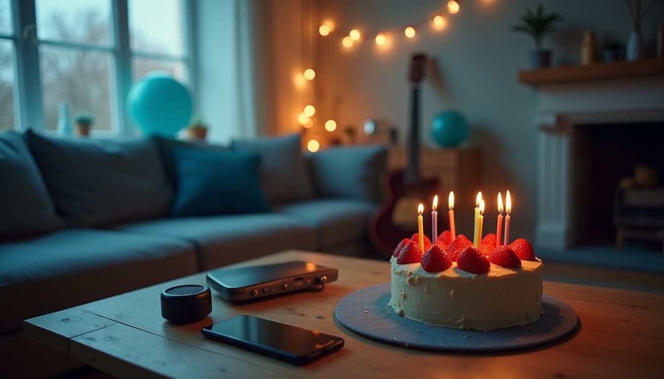 Un salón al atardecer preparado para un cumpleaños: sobre una mesa baja de madera, una tarta de fresas con las velas encendidas, un pequeño altavoz redondo y un móvil con la pantalla apagada; detrás, un sofá azul, una guitarra apoyada en la pared, guirnaldas de luces y globos azules y turquesa