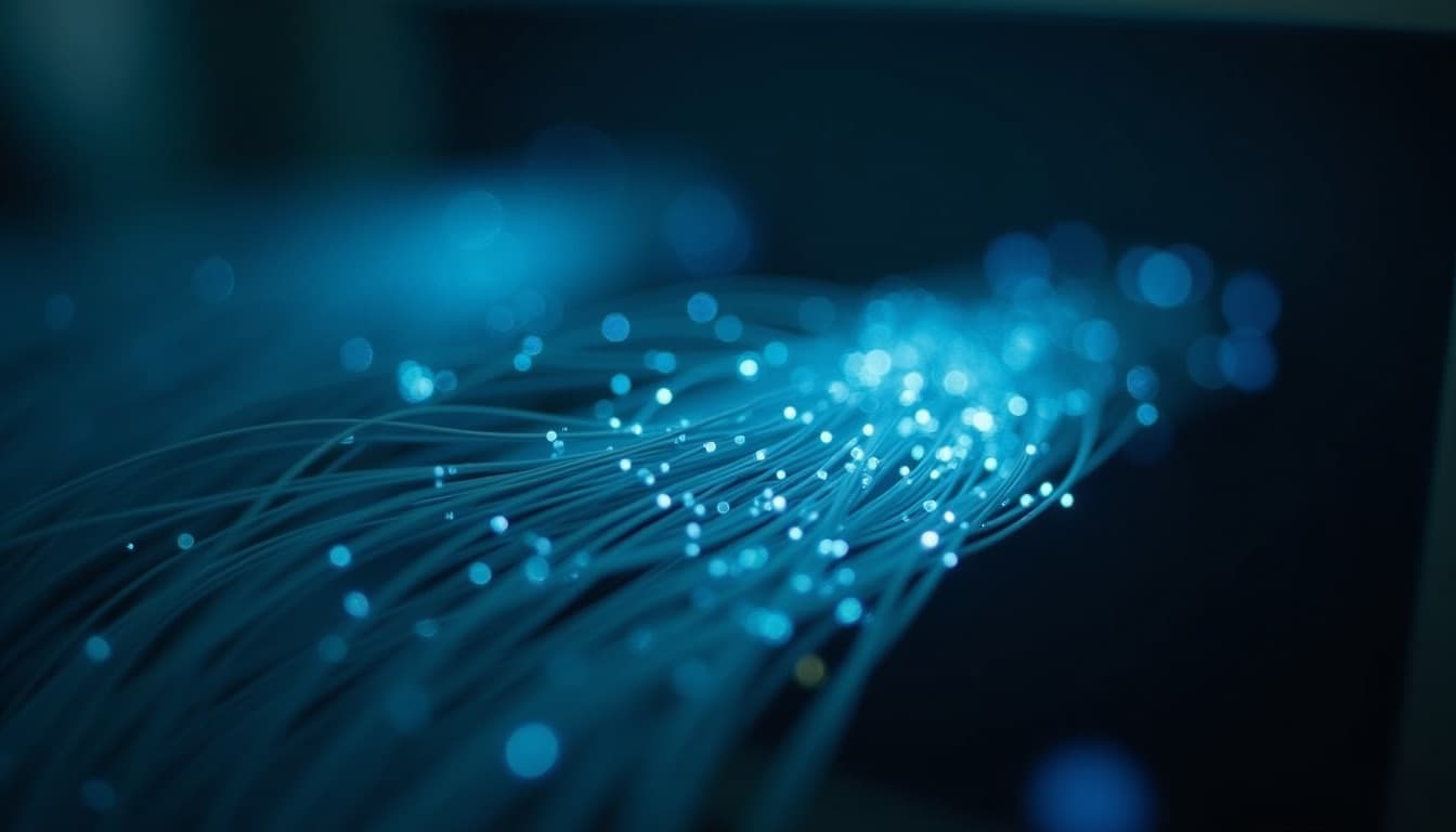 Fibres optiques scintillant de points de lumière bleue et cyan sur fond sombre