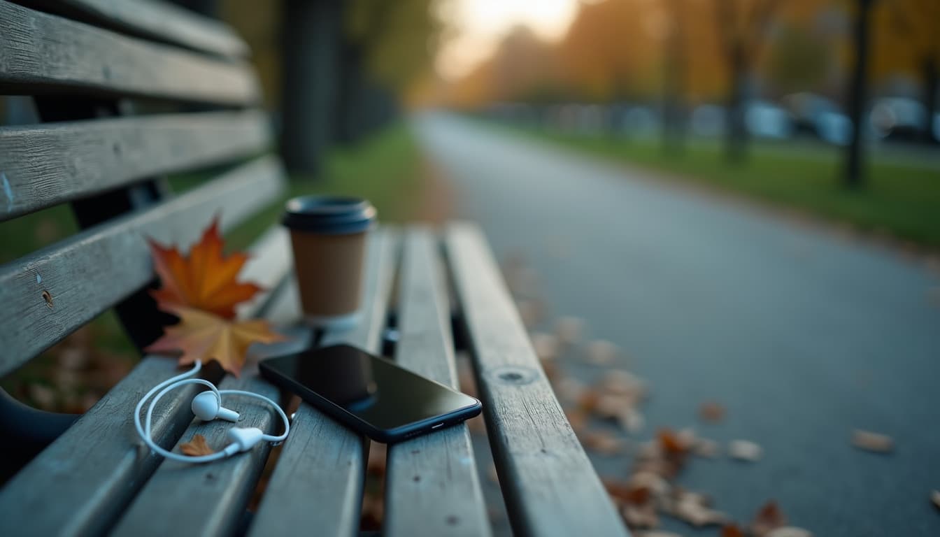 Eine hölzerne Parkbank an einem Herbstmorgen: ein flach liegendes Handy mit ausgeschaltetem Bildschirm, weiße Kabelkopfhörer, ein Kaffeebecher zum Mitnehmen und Herbstlaub; im Hintergrund unscharf eine Allee