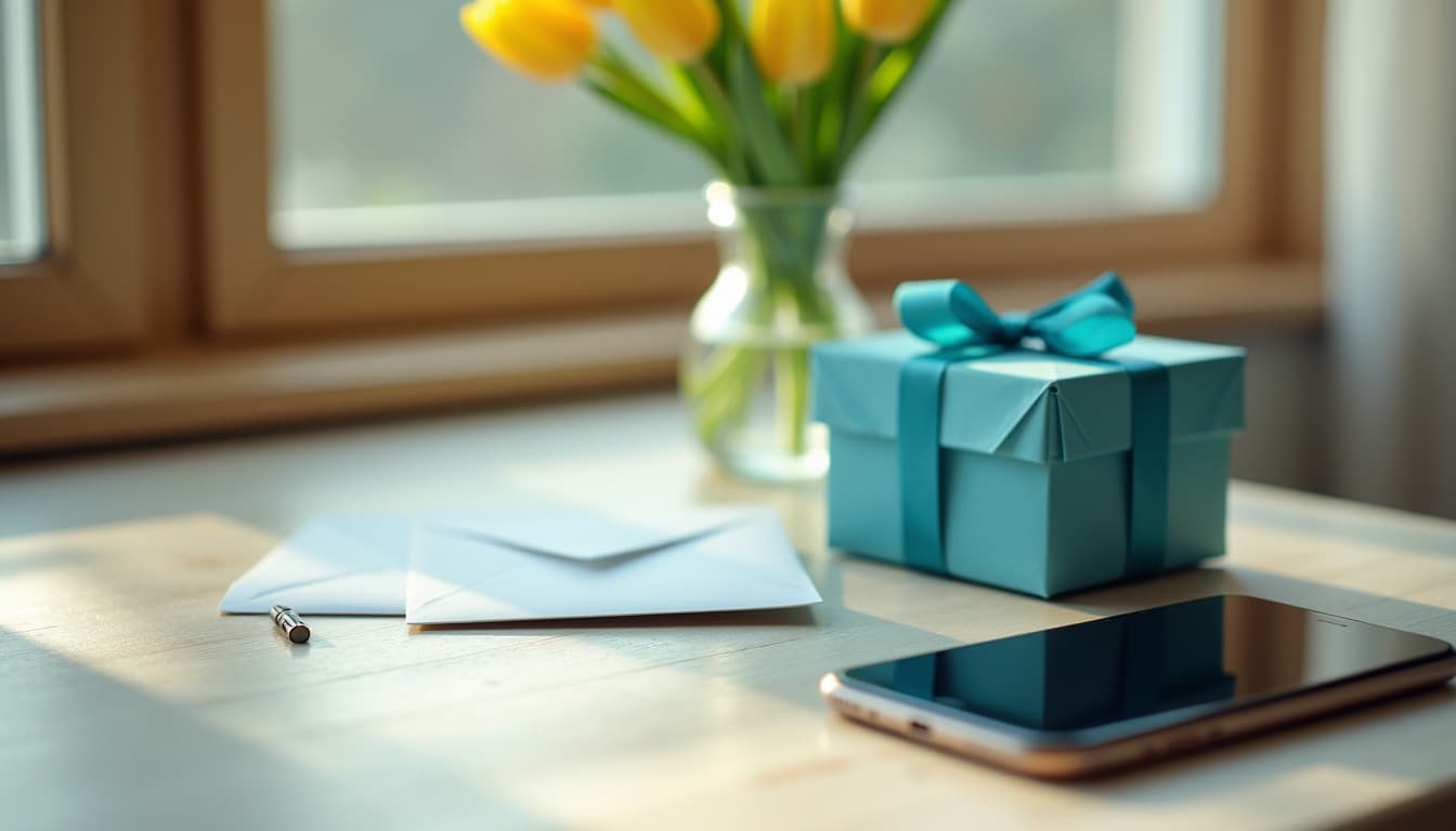 Un tavolo di legno chiaro vicino a una finestra: un piccolo regalo incartato in carta turchese con un fiocco, due buste bianche e una penna, un vaso di tulipani gialli e un telefono appoggiato con lo schermo spento, nella luce morbida del pomeriggio