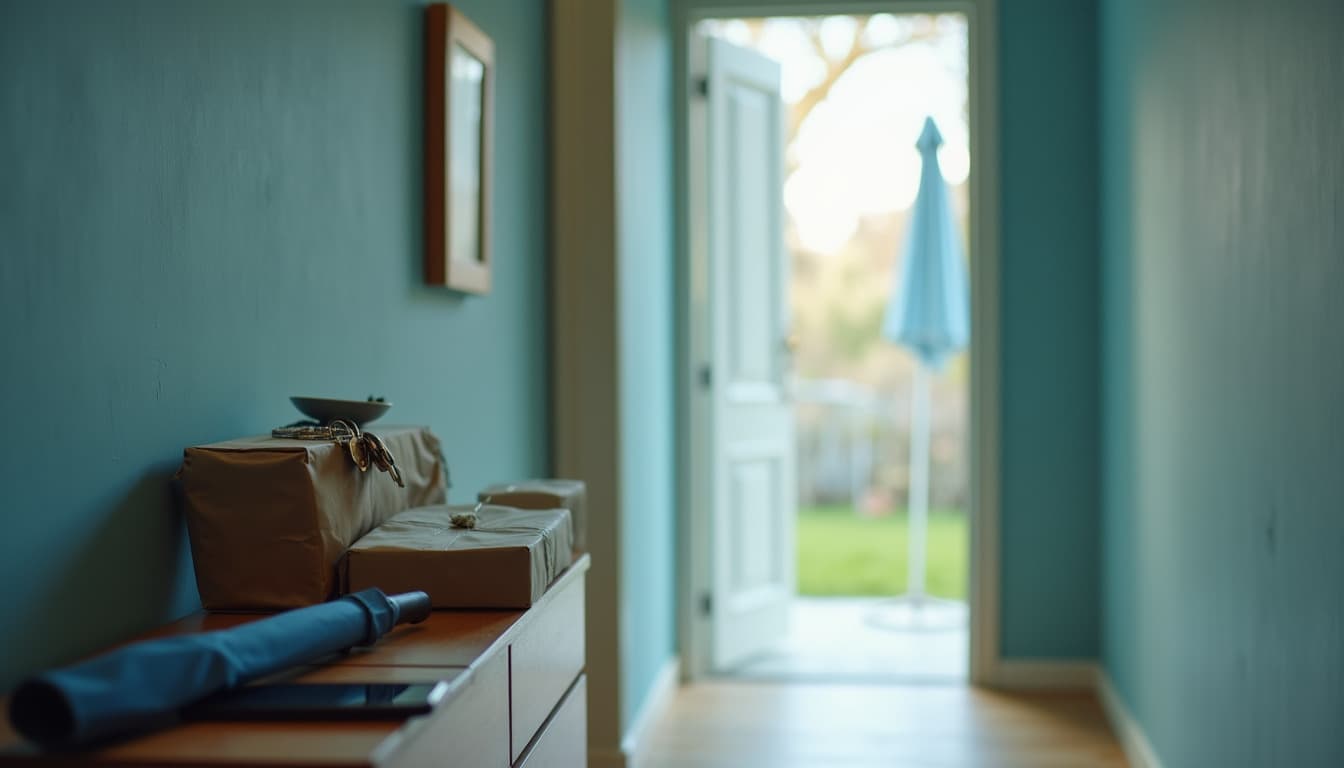 A entrada de um apartamento com a luz da manhã: numa consola de madeira junto à porta, embrulhos em papel pardo com um molho de chaves, um guarda-chuva azul fechado e um telemóvel; a porta aberta dá para um jardim, com um guarda-sol azul ao longe