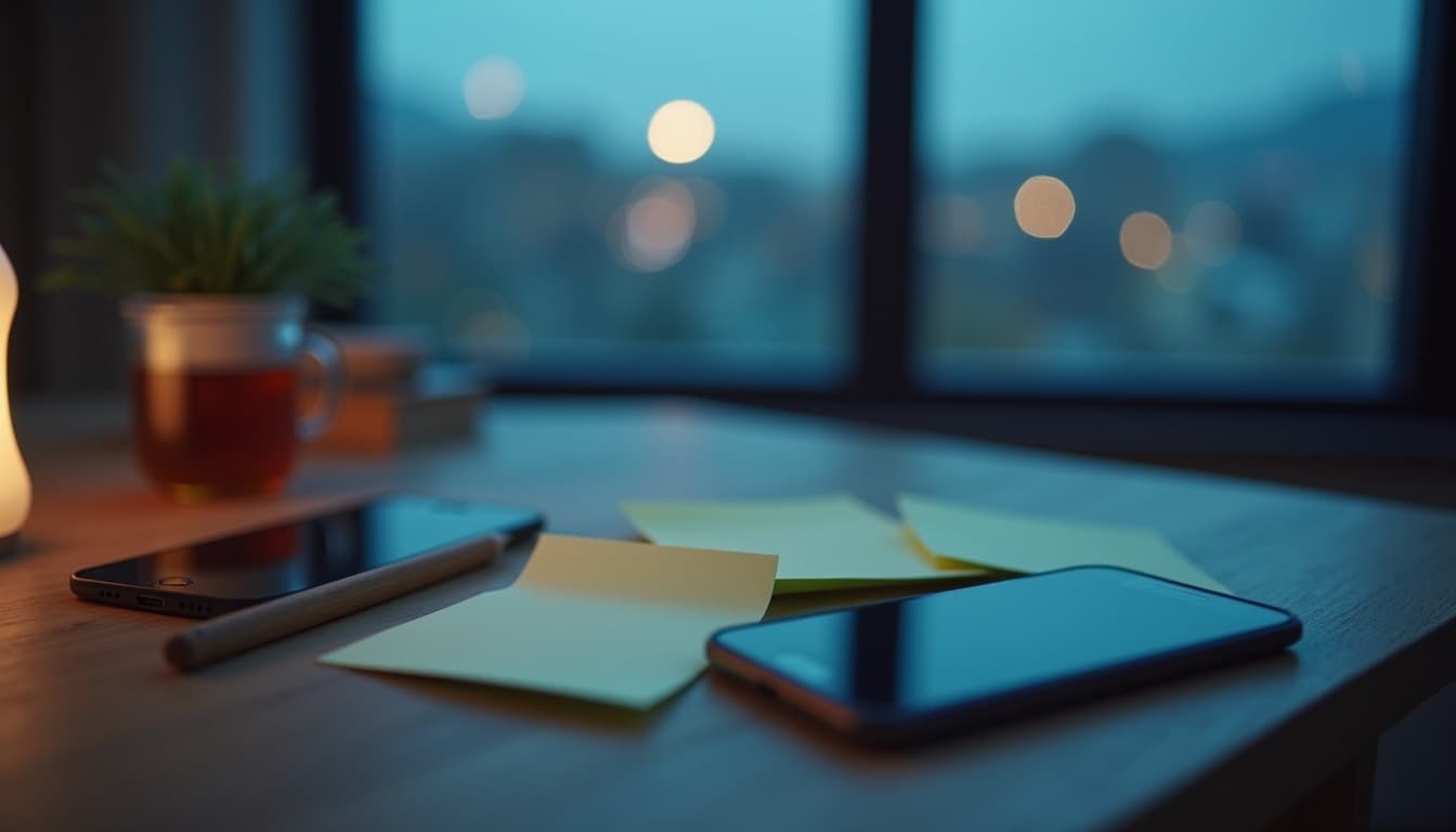 Une petite table en bois près d'une fenêtre à la tombée du soir : des post-it pastel restés vierges, un crayon, deux téléphones posés à plat, écran éteint, et une tasse de tisane près d'une lampe ; dehors, les lumières de la ville floues dans le bleu du soir