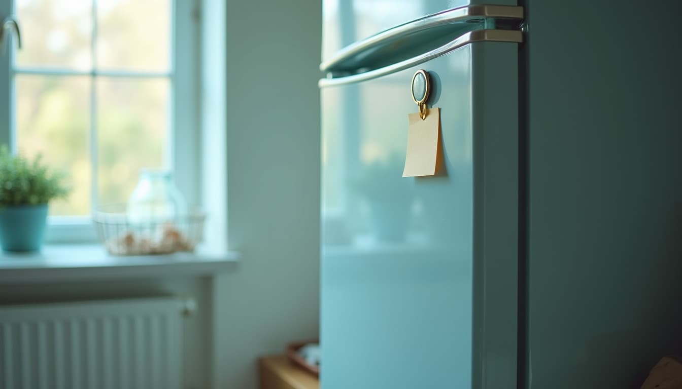 Eine fast leere blaugrüne Kühlschranktür mit einem einzigen kleinen leeren Haftzettel unter einem runden Magneten, Küchenfenster, Topfpflanze und Drahtkorb unscharf im Hintergrund, weiches natürliches Morgenlicht