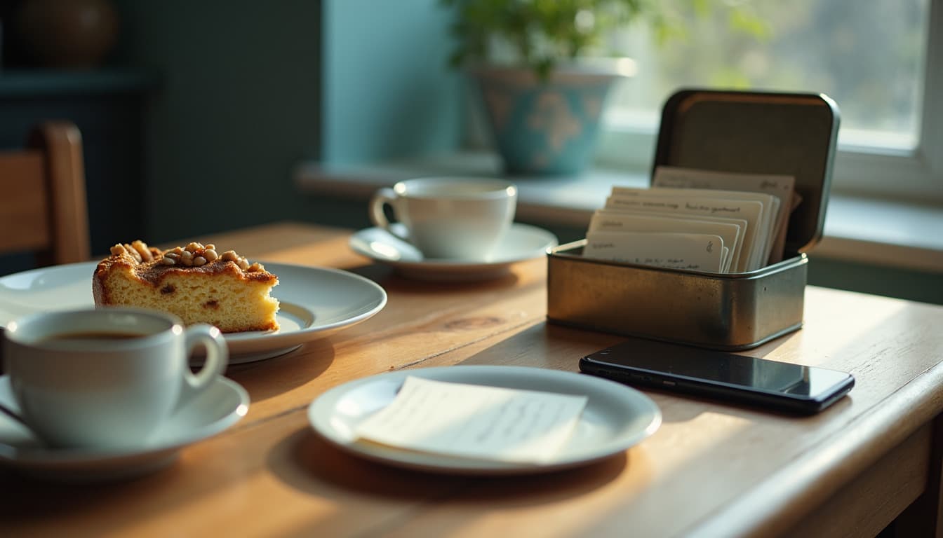 Ein Küchentisch aus Holz nach dem Mittagessen, eine offene Blechdose voller Rezeptkarten, eine unscharfe handgeschriebene Karte auf einem Teller, zwei Kaffeetassen, ein Stück Walnusskuchen und ein ausgeschaltetes Smartphone, weiches Nachmittagslicht durch das Fenster