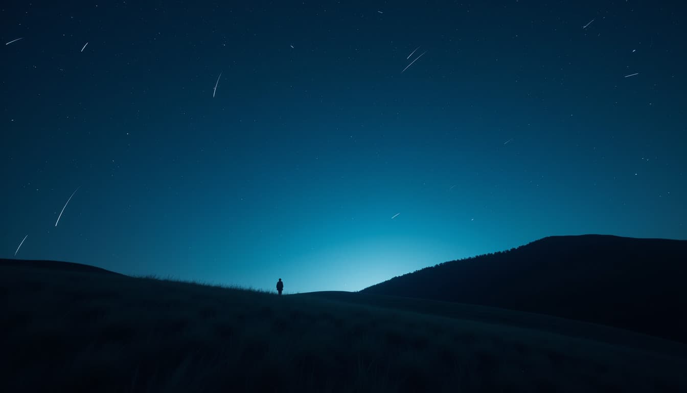 Ciel nocturne bleu profond constellé d'étoiles au-dessus d'une colline sombre, silhouette minuscule à l'horizon
