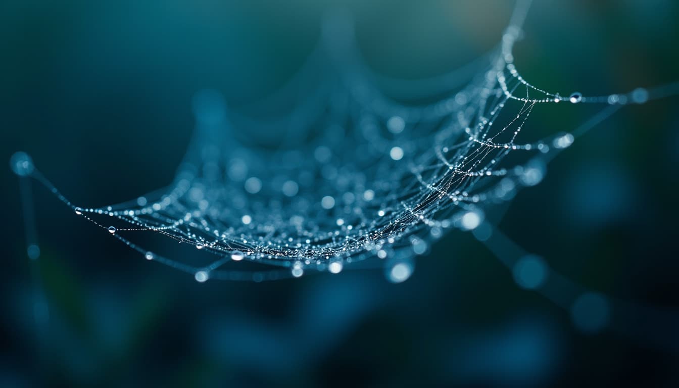 Gouttes de rosée accrochées à une toile d'araignée dans la lumière bleue du matin, réseau naturel de fils reliés