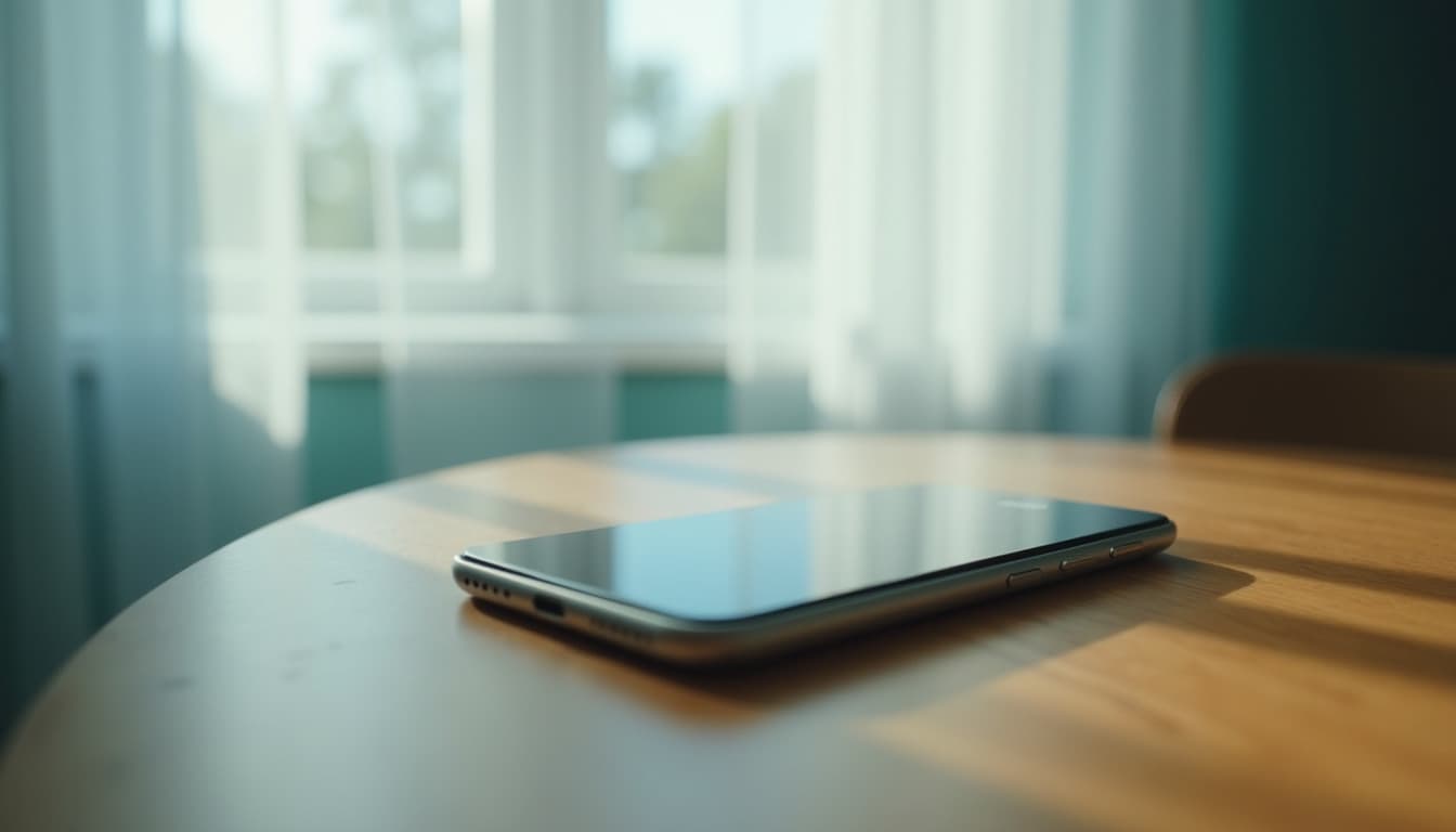 Un smartphone à l'écran éteint posé sur une table en bois devant une fenêtre aux rideaux blancs