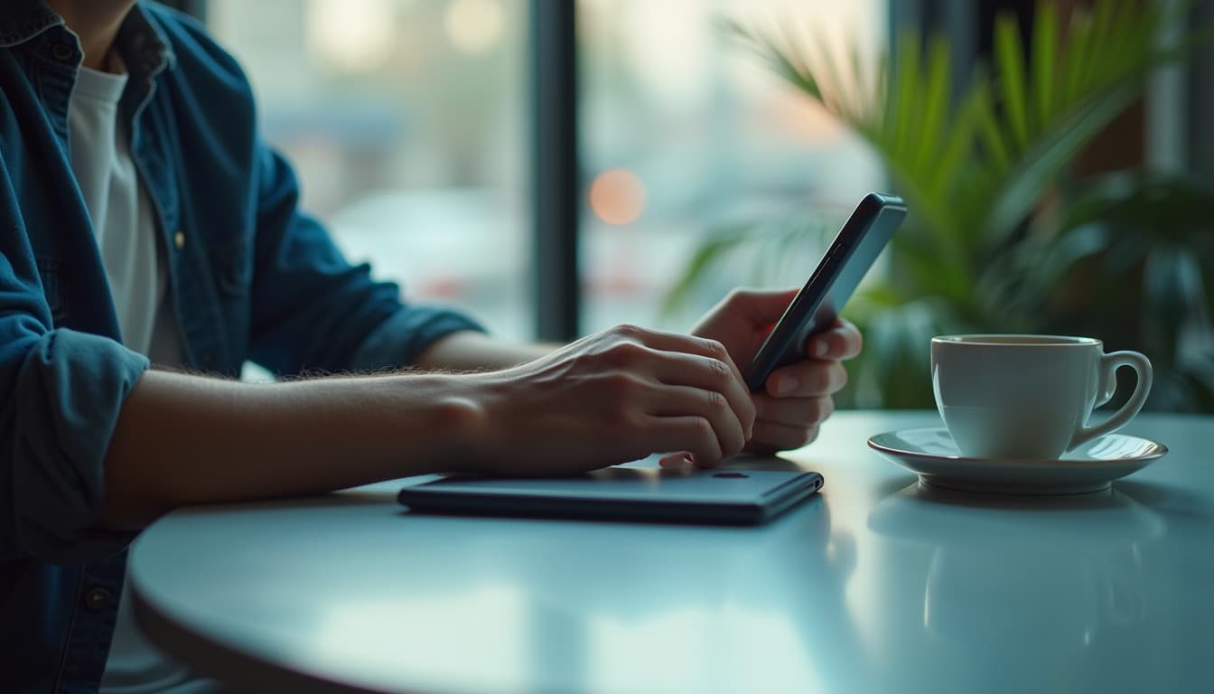 Des mains détendues posées sur une table de café à côté d'un téléphone au repos