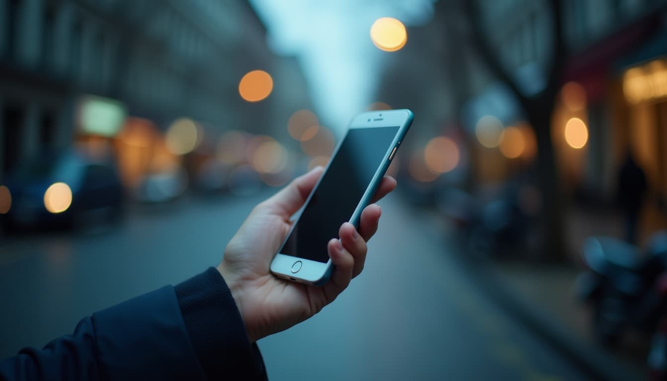 Une main tient un smartphone levé dans une rue au crépuscule, lumières de la ville floues en arrière-plan