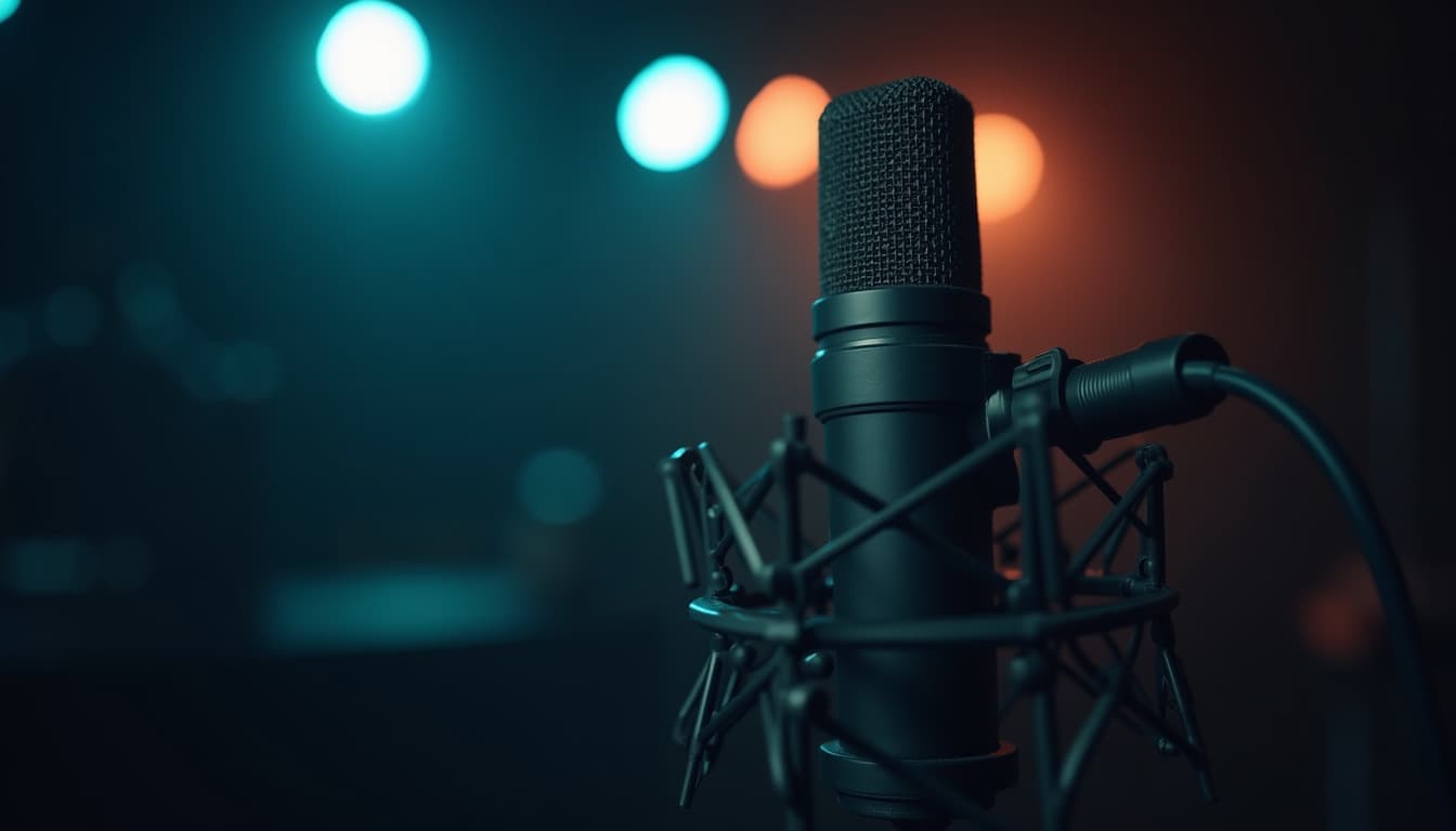 Un microphone de studio en gros plan devant des lumières cyan et orange floues