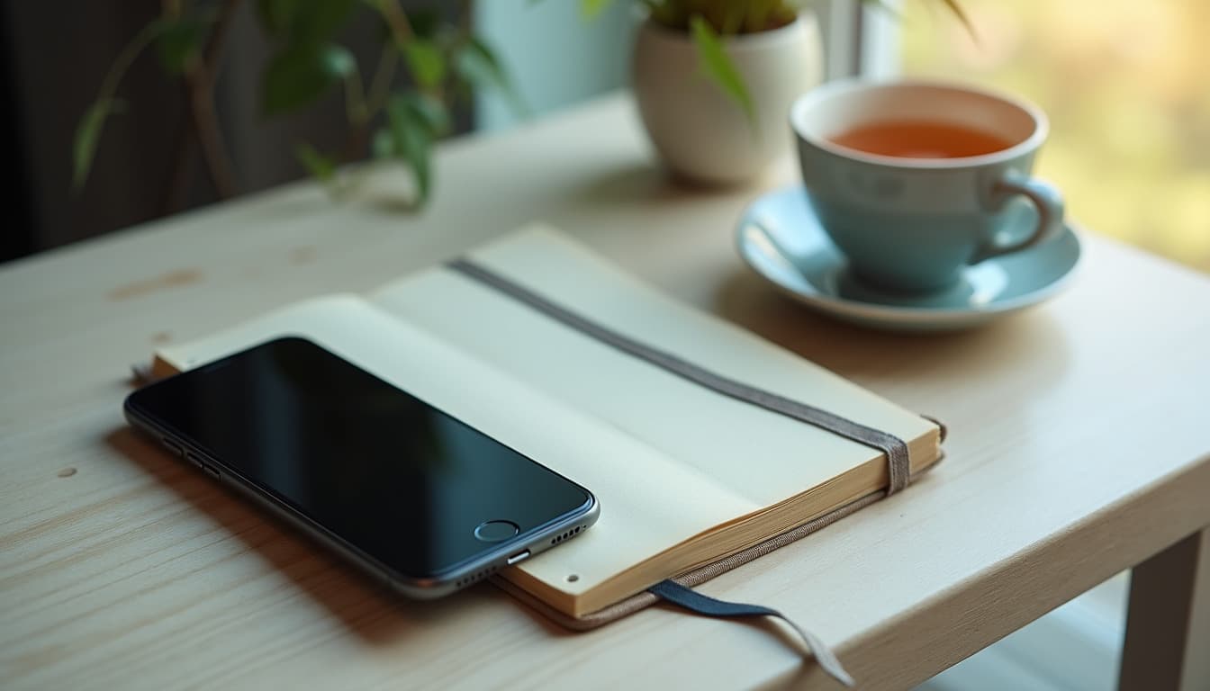 Ein geschlossenes Notizbuch und ein Smartphone mit dunklem Bildschirm nebeneinander auf einem hellen Holztisch, ein Stofflesezeichen ragt aus dem Notizbuch, eine Tasse Tee und eine grüne Pflanze, weiches Licht aus einem Fenster