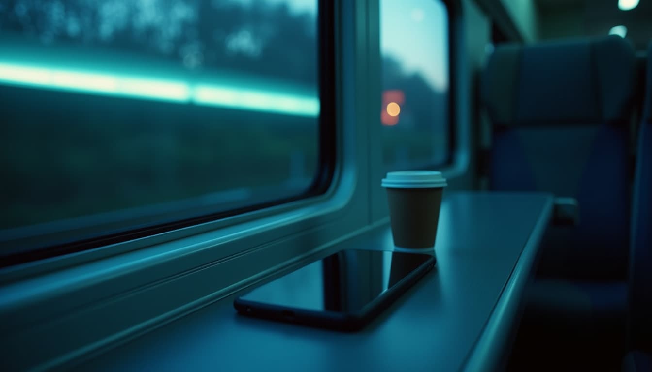 Ein Klapptisch im Zug in der Abenddämmerung, ein Smartphone mit ausgeschaltetem Bildschirm und ein Pappbecher nahe am Fenster, eine verschwommene Landschaft, die in blaugrünem Licht vorbeizieht, ein oranger Lichtpunkt in der Ferne, unscharfe blaue Sitze im Hintergrund