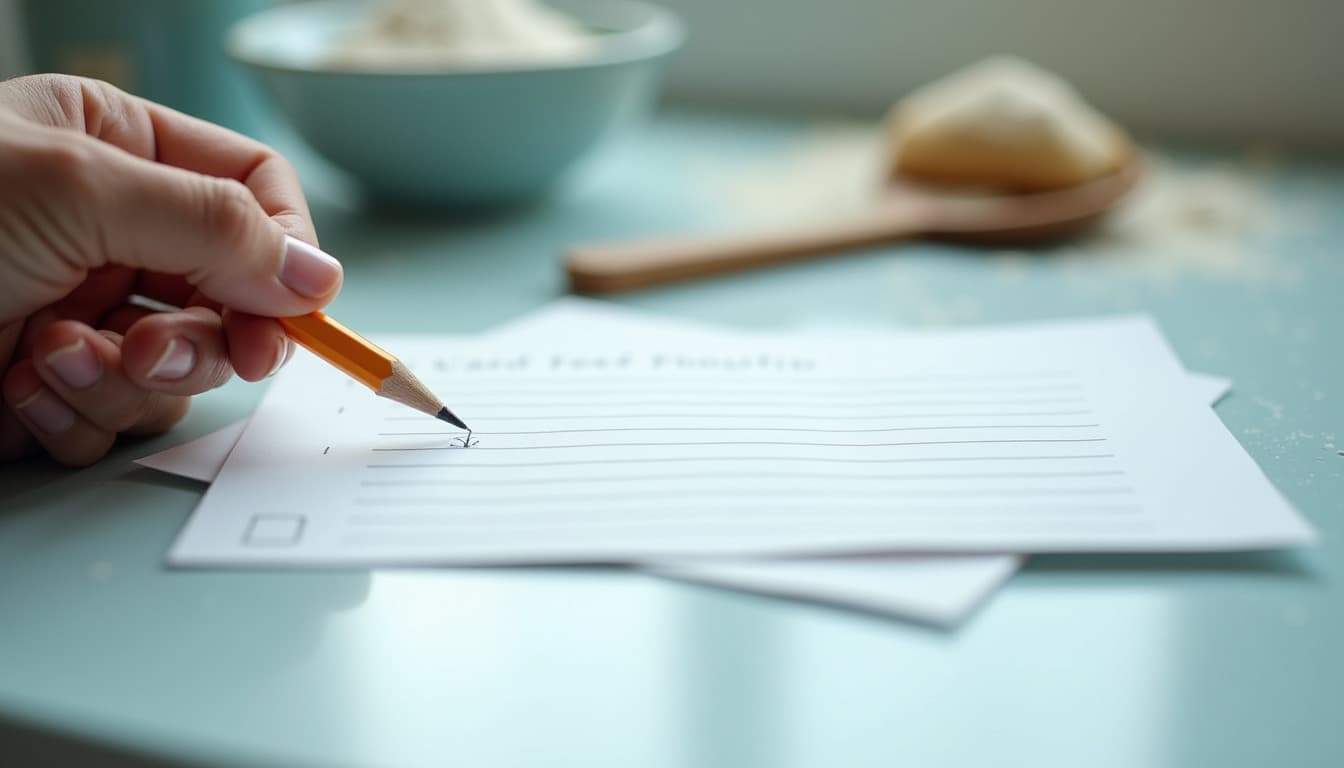 Eine handgeschriebene Rezeptkarte auf einer Küchenarbeitsplatte, ein Bleistift streicht eine Zeile durch, ein abgehaktes Kästchen am Rand der Seite, Küchenlicht am späten Vormittag
