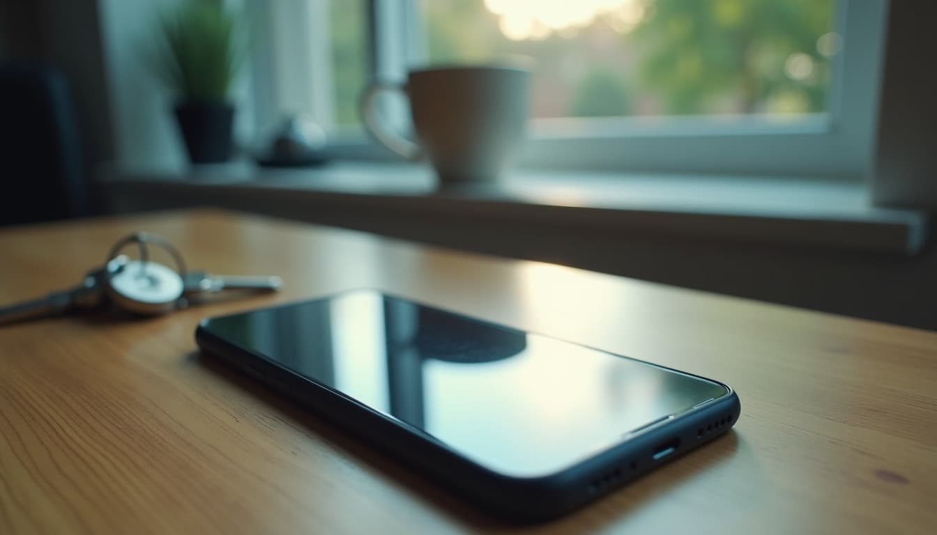 Ein Telefon liegt auf einem Holztisch neben einer Tasse, vor einem Fenster im späten Tageslicht
