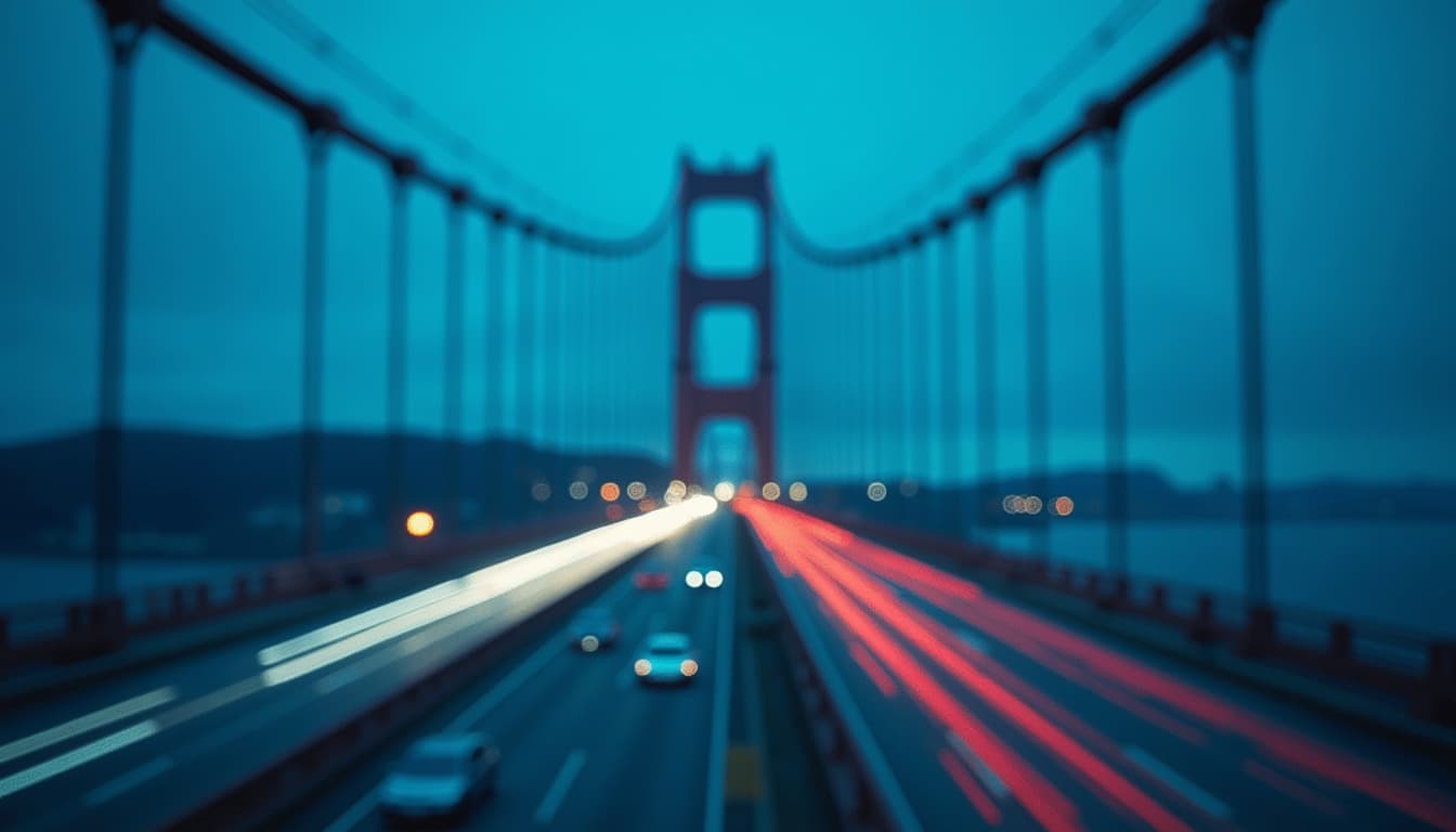 Un pont suspendu à l'heure bleue traversé par des traînées lumineuses continues de voitures