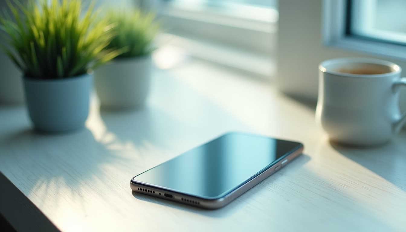 Un smartphone posé sur un bureau clair parfaitement rangé, à côté d'une plante verte et d'une tasse de café