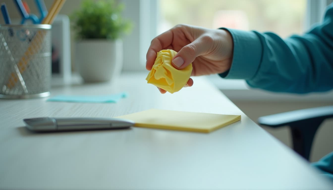 Une main froisse un post-it jaune au-dessus d'un bureau rangé, geste de désencombrement