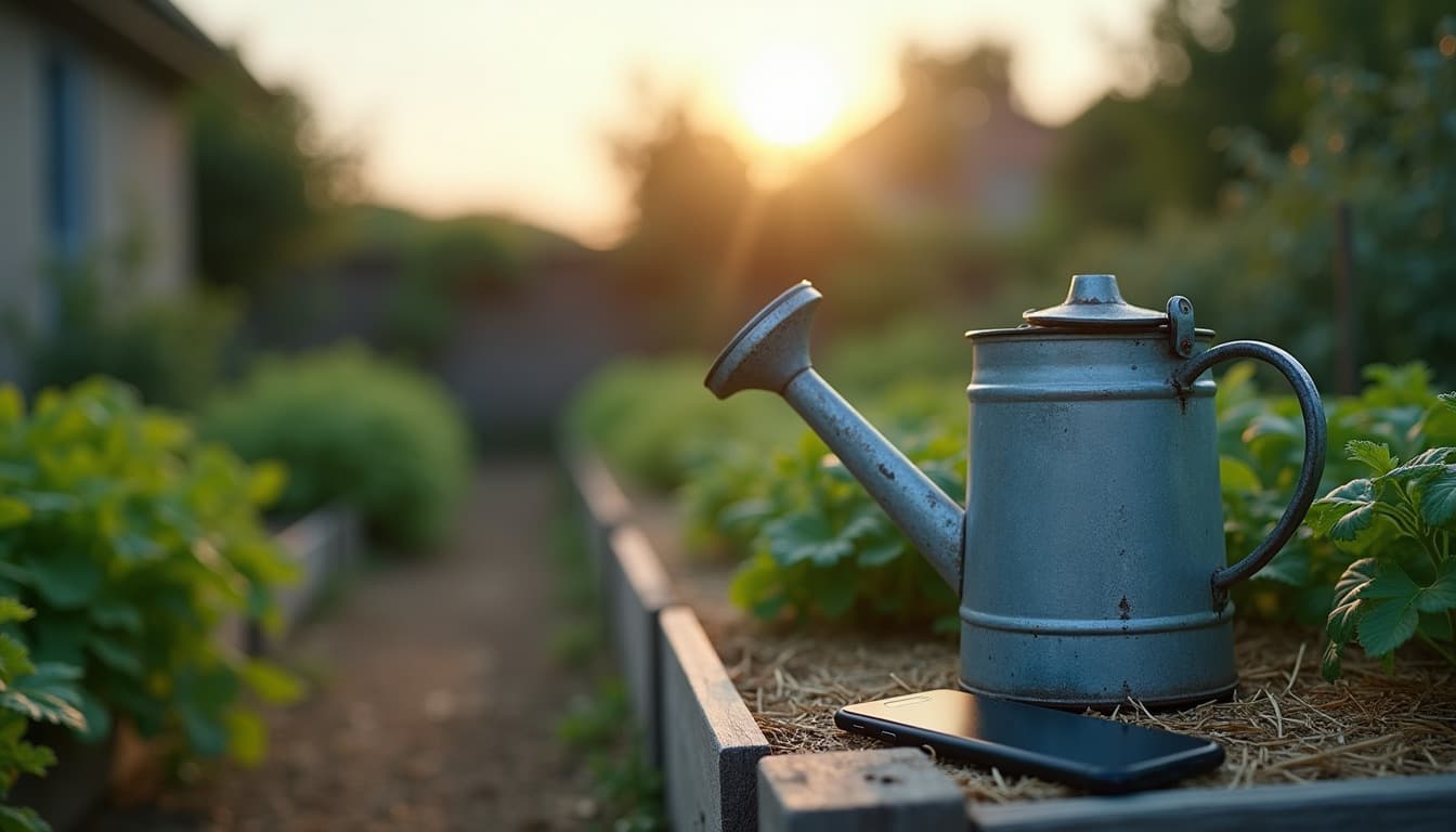 Un orto all'alba: un vecchio annaffiatoio di metallo zincato appoggiato su un'aiuola rialzata pacciamata con fieno, un telefono appoggiato con lo schermo spento sul bordo dell'asse di legno; dietro, file di ortaggi sfocate e il sole che sorge tra gli alberi