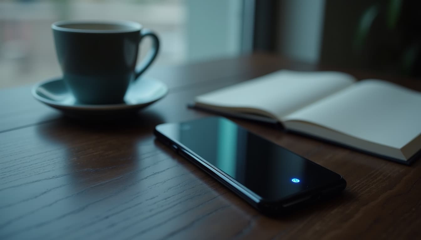 Ein Smartphone liegt flach auf einem dunklen Holzschreibtisch, der Bildschirm dunkel bis auf einen kleinen blauen Lichtpunkt, daneben eine Keramiktasse und ein aufgeschlagenes Notizbuch, weiches Licht am späten Vormittag