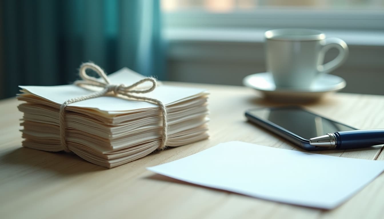 Ein dicker Stapel leerer weißer Blätter, mit einer Baumwollschnur zusammengebunden, auf einem hellen Holzschreibtisch, davor ein einzelnes leeres Blatt, ein Smartphone mit ausgeschaltetem Bildschirm und ein Stift mit dunkelblauer Kappe, eine weiße Tasse auf ihrer Untertasse, ein unscharfer blaugrüner Vorhang und ein Fenster im Hintergrund, weiches Tageslicht
