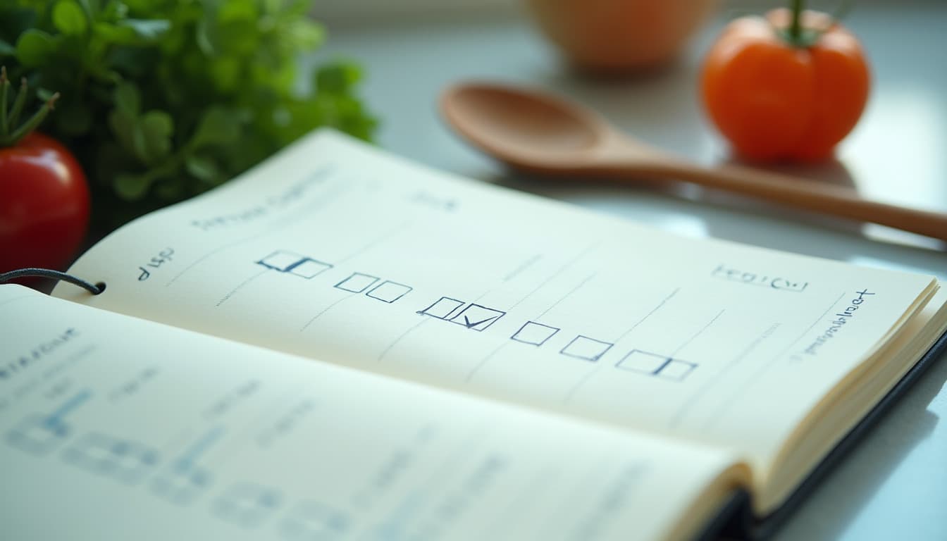 Ein aufgeschlagenes Notizbuch auf einer Küchenarbeitsplatte, eine Reihe handgezeichneter Kästchen, eines davon abgehakt, neben Tomaten und einem Holzlöffel