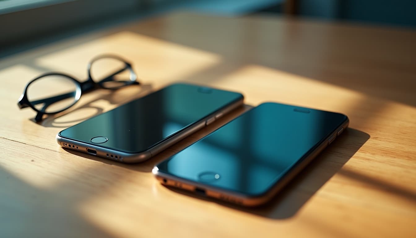 Zwei Telefone mit dunklen Bildschirmen liegen nebeneinander auf einem Holztisch neben einer Brille im Morgenlicht
