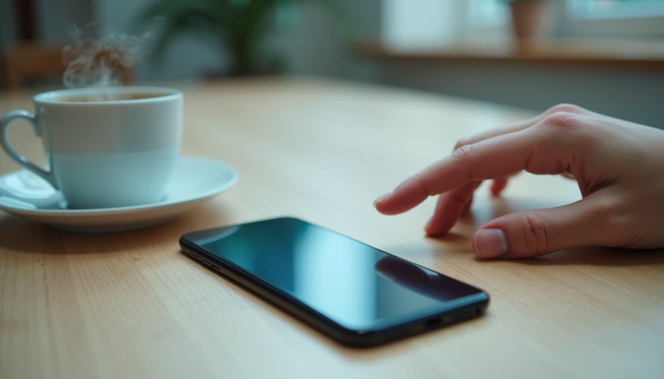 Eine Hand, deren Zeigefinger sich einem Smartphone mit dunklem Bildschirm nähert, das flach auf einem hellen Holztisch liegt, links eine dampfende Tasse Kaffee auf ihrer Untertasse, im Hintergrund unscharf eine Pflanze und ein Fenster, weiches Morgenlicht