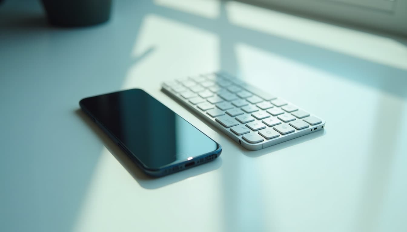 Un smartphone et un petit clavier sans fil posés côte à côte sur un bureau clair