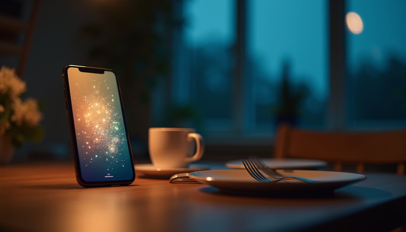 Ein Smartphone, aufrecht auf einem Küchentisch aus Holz am Abend, der Bildschirm erhellt von einer schimmernden Wolke kleiner goldener, orangefarbener und grüner Leuchtpunkte, dahinter eine weiße Tasse, im Vordergrund ein Teller mit Gabel, links eine unscharfe Pflanze und im Hintergrund ein blaues Dämmerungsfenster
