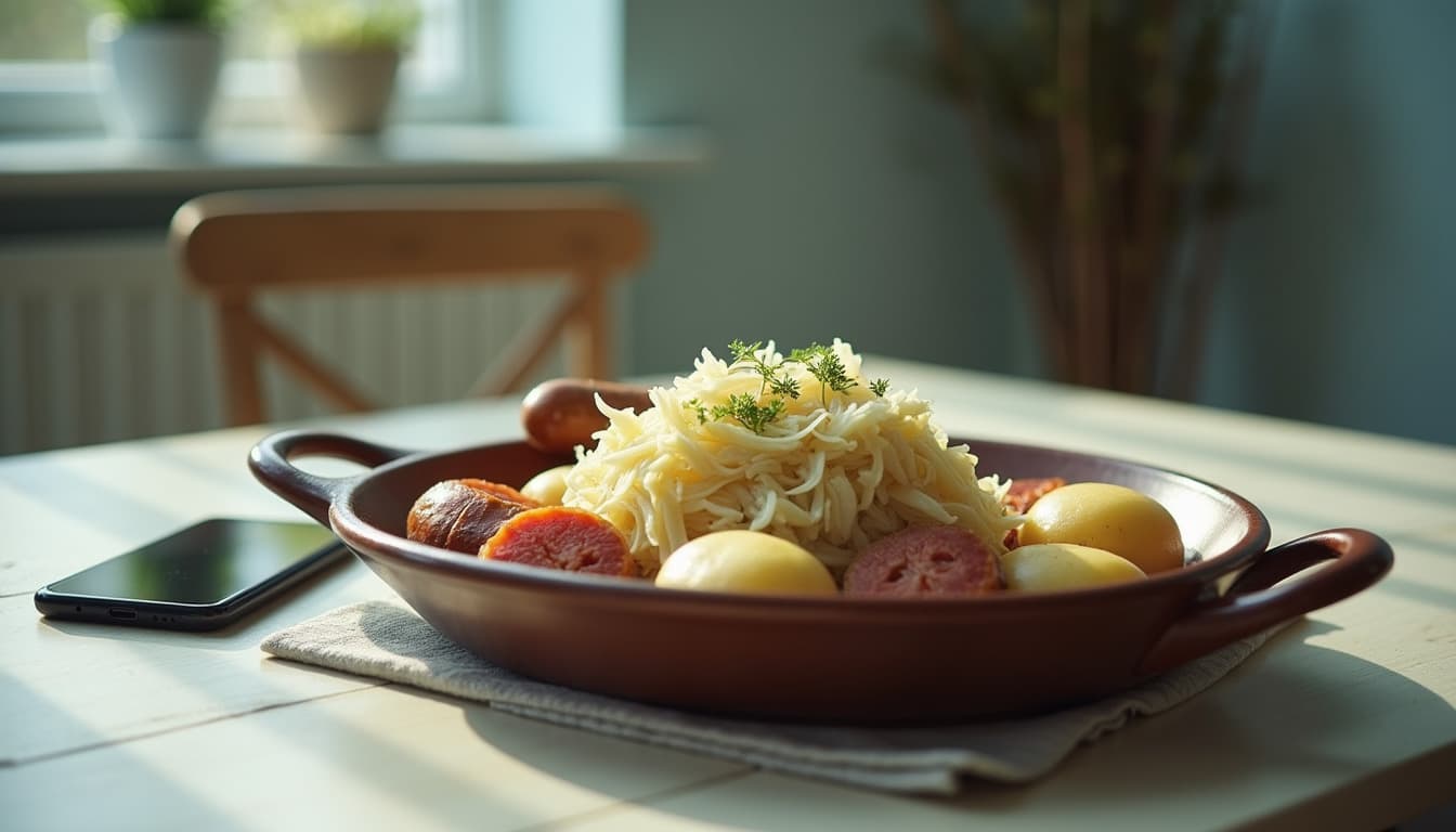 Eine große Platte Choucroute garnie auf einem hellen Holztisch, daneben ein Telefon mit unscharfem Bildschirm, warmes Licht am späten Nachmittag in einer Küche