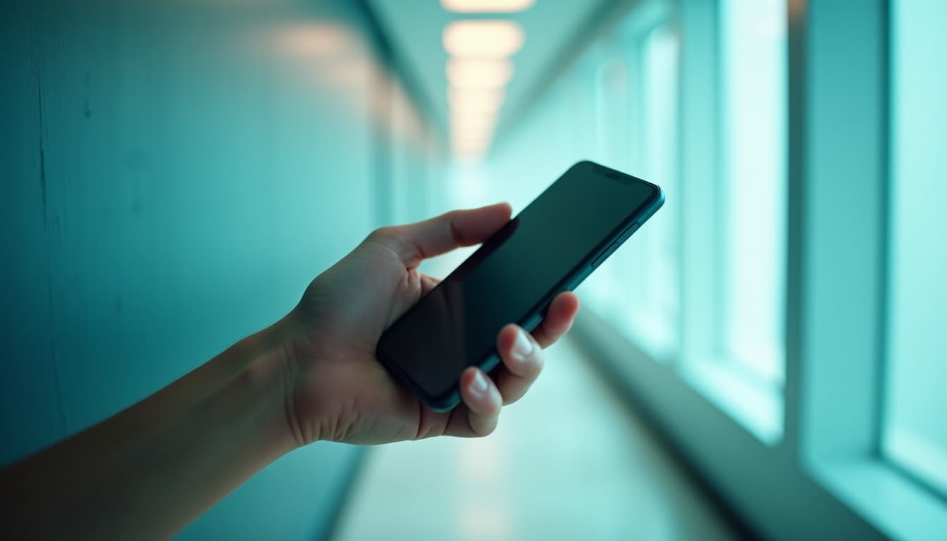 Eine Hand hält ein Telefon auf Brusthöhe in einem hellen Flur, der Daumen schwebt am Rand des Bildschirms