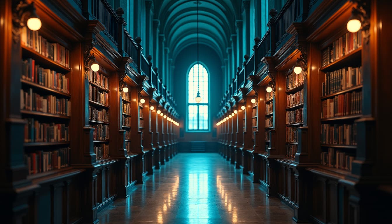Une allée de grande bibliothèque ancienne aux hautes étagères de bois, entre lampes chaudes et lumière bleutée