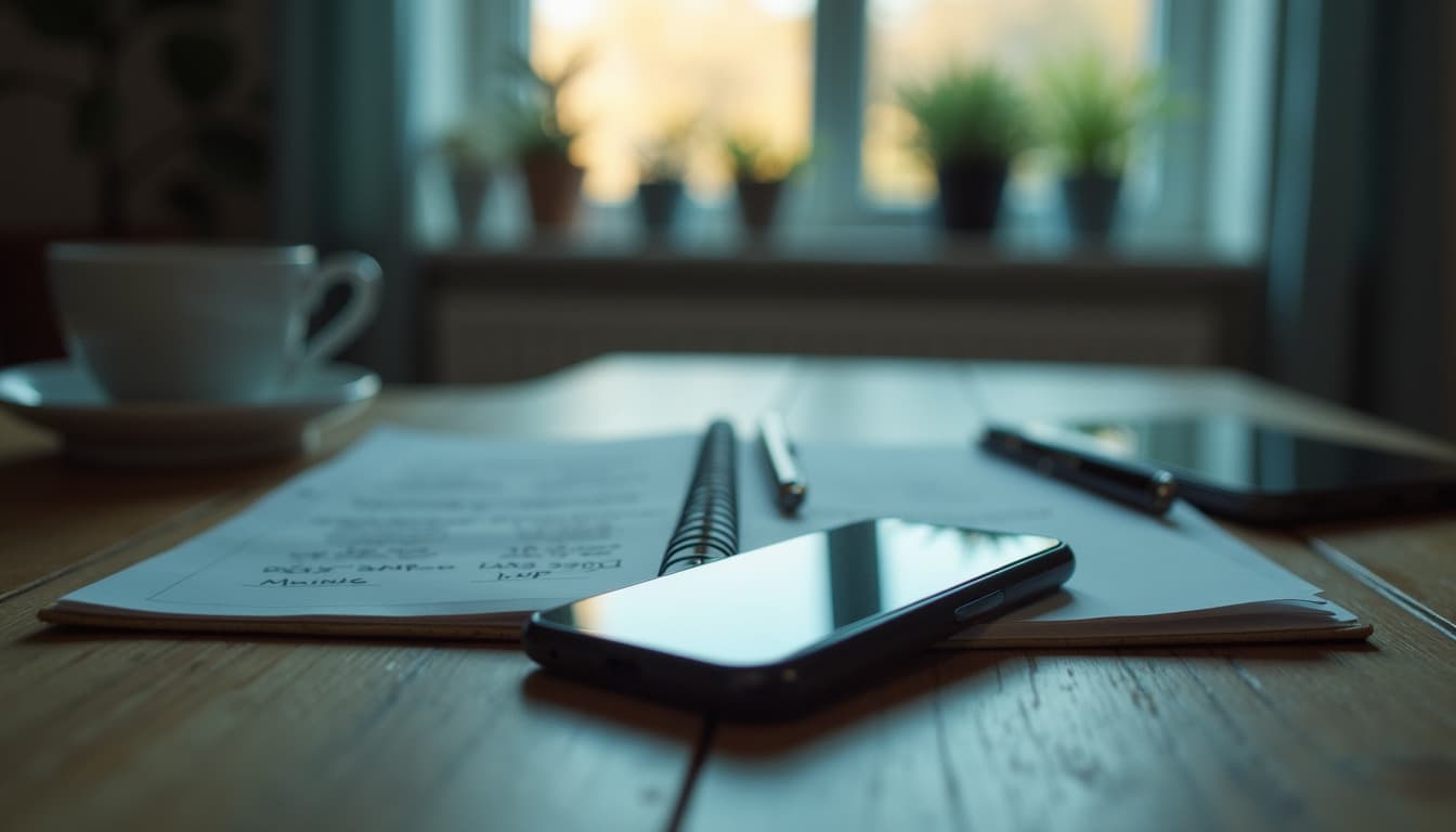 Ein Küchentisch am Ende des Tages mit einem aufgeschlagenen Notizbuch, daneben ein Telefon, das Licht am Fenster wird schwächer
