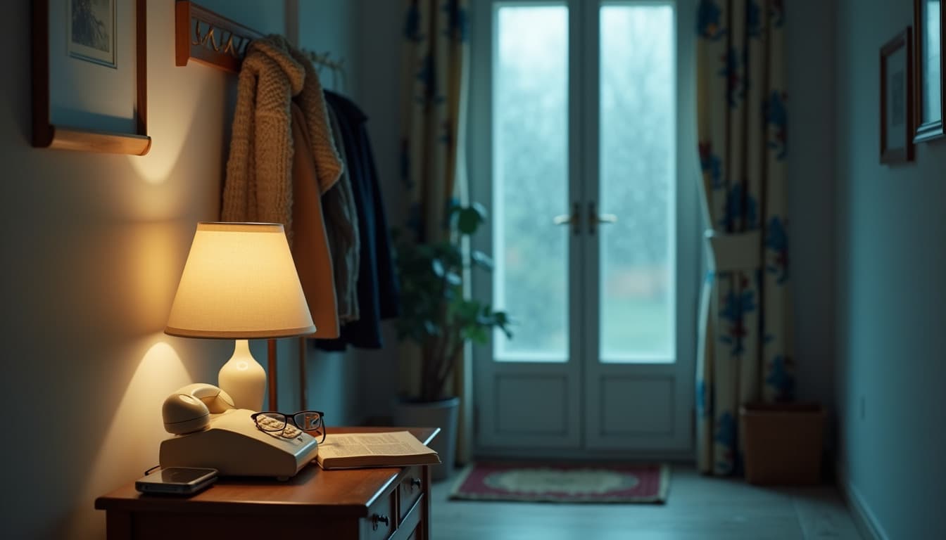 Der Eingangsflur einer Wohnung in der Dämmerung, eine kleine Holzkommode an der Wand mit einer brennenden Lampe, ein cremefarbenes Festnetztelefon, eine Lesebrille auf einem aufgeschlagenen Notizbuch und ein ausgeschaltetes Smartphone, eine Garderobe mit einem gestrickten Schal und zwei Mänteln, im Hintergrund eine Tür mit Milchglasscheiben, eine Grünpflanze und eine Fußmatte