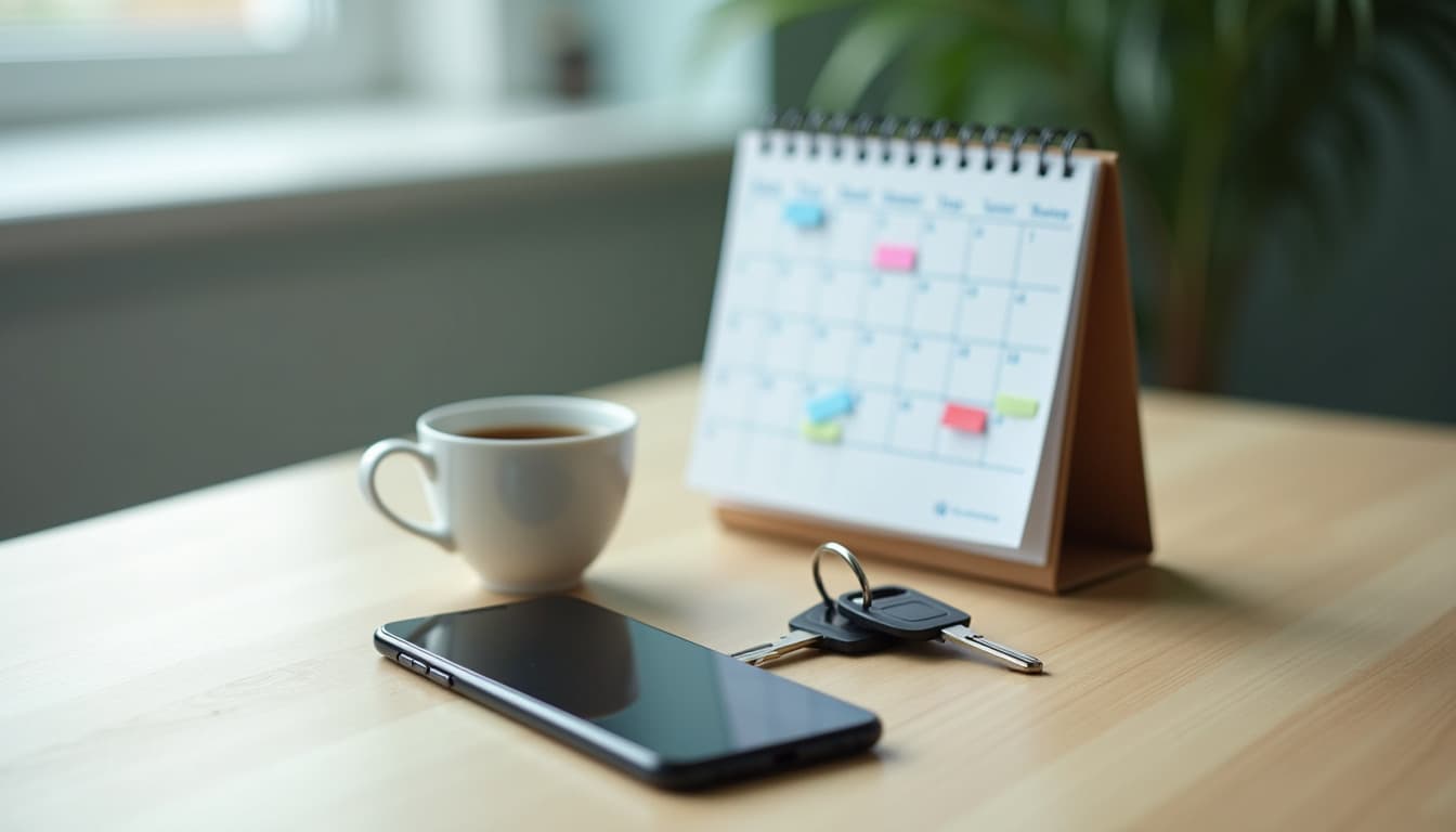 Ein Smartphone mit dunklem Bildschirm liegt flach auf einem hellen Holztisch neben einem Schlüsselbund und einer Tasse Kaffee, im Hintergrund unscharf ein kleiner Tischkalender mit Spiralbindung und farbigen Markierungen im Raster, dahinter eine Pflanze und ein Fenster, weiches Morgenlicht