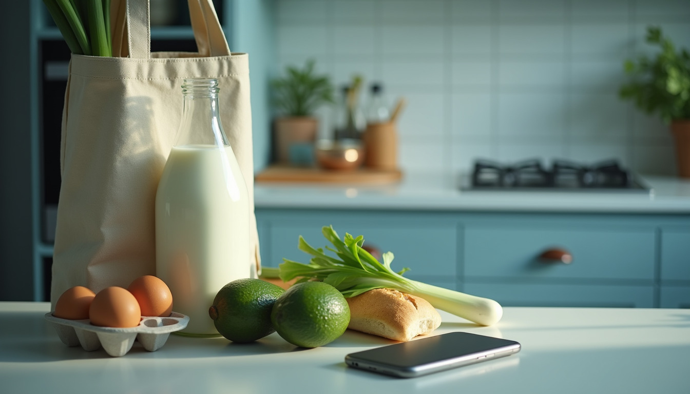 Un plan de travail de cuisine clair : un sac en toile avec des poireaux, une bouteille de lait en verre, des œufs, deux avocats, une baguette et un téléphone posé à plat, écran éteint ; derrière, des meubles bleu-vert et une plaque de cuisson