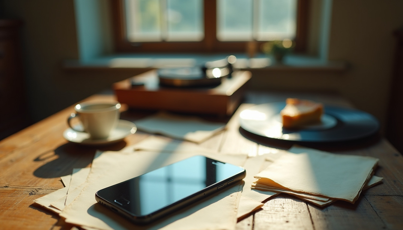 Une vieille table en bois dans la lumière chaude de l'après-midi : des photos de famille retournées, un téléphone à l'écran éteint et une tasse de café ; derrière, près de la fenêtre, un tourne-disque en bois, un disque vinyle et une part de tarte aux pommes