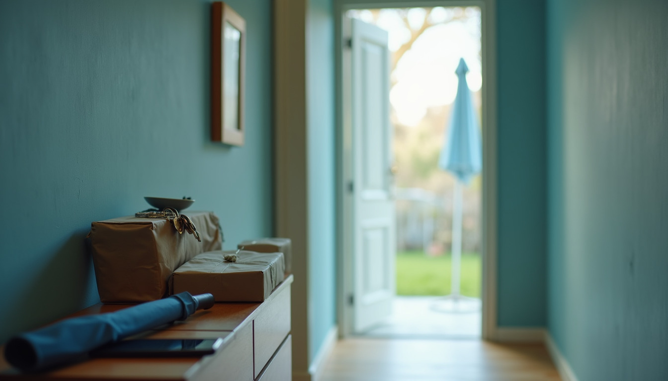 Une entrée d'appartement dans la lumière du matin : sur une console en bois près de la porte, des colis emballés de papier kraft avec un trousseau de clés, un parapluie bleu replié et un téléphone ; la porte ouverte donne sur un jardin, avec un parasol bleu au loin